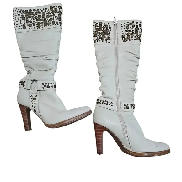 Colin Stuart Size 6 1/2 White Faux Leather Embellished Equestrian Zipper Boots