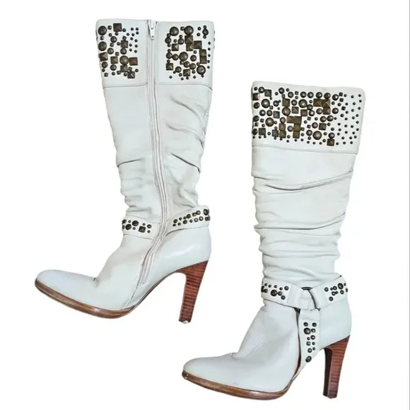 Colin Stuart Size 6 1/2 White Faux Leather Embellished Equestrian Zipper Boots