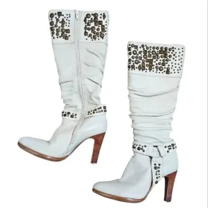 Colin Stuart Size 6 1/2 White Faux Leather Embellished Equestrian Zipper Boots