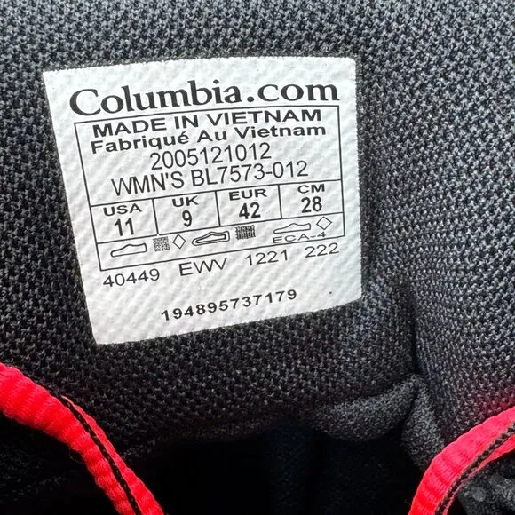 Columbia Womens Peakfreak II Mid Outdry Hiking Boots Size 11 Black/Red Ortholite