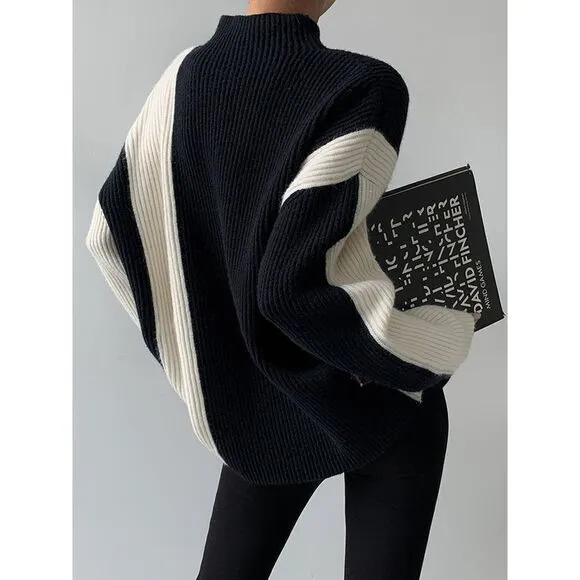 Commense Elegant Two-Tone Ribbed Knit Sweater, Skirt Set‎ Black and White size M