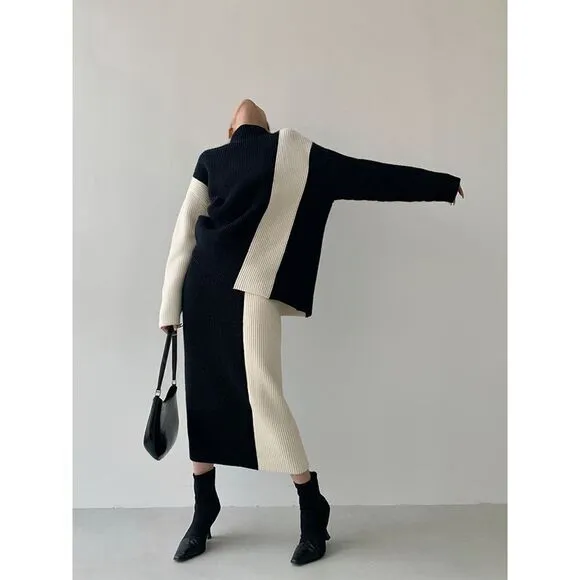 Commense Elegant Two-Tone Ribbed Knit Sweater, Skirt Set‎ Black and White size M