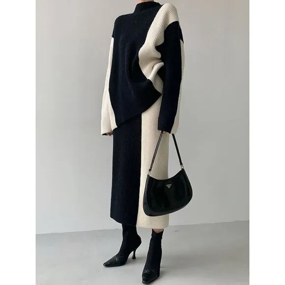 Commense Elegant Two-Tone Ribbed Knit Sweater, Skirt Set‎ Black and White size M
