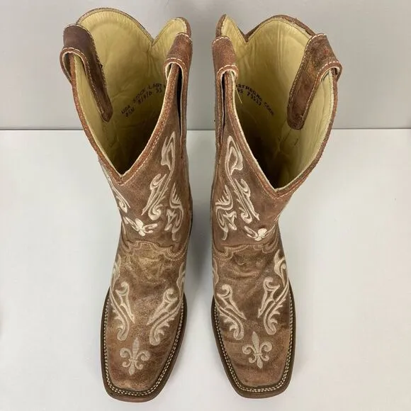 Corral Cortez Distressed Fleur De Lis Embroidered Western Boots Square Toe 6.5 M