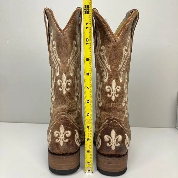 Corral Cortez Distressed Fleur De Lis Embroidered Western Boots Square Toe 6.5 M
