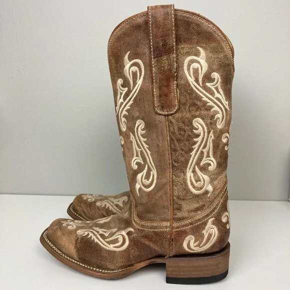 Corral Cortez Distressed Fleur De Lis Embroidered Western Boots Square Toe 6.5 M
