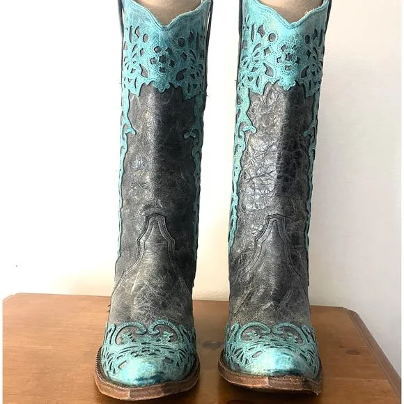 Corral Cowboy Boots Womens Size 9.5 Teal Gray Distressed Leather Western Cowgirl