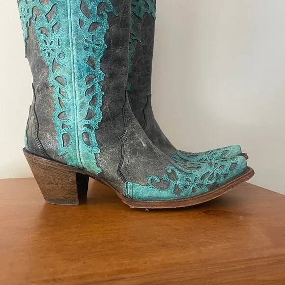 Corral Cowboy Boots Womens Size 9.5 Teal Gray Distressed Leather Western Cowgirl