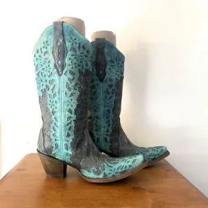 Corral Cowboy Boots Womens Size 9.5 Teal Gray Distressed Leather Western Cowgirl