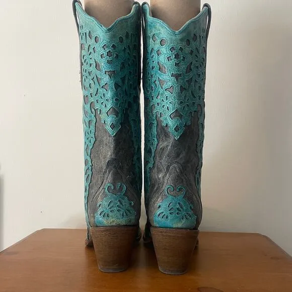 Corral Cowboy Boots Womens Size 9.5 Teal Gray Distressed Leather Western Cowgirl