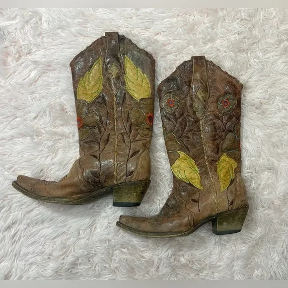 Corral Womens Brown Cognac Daisy Overlay A2048 Snip Toe Cowgirl Boots Size 6