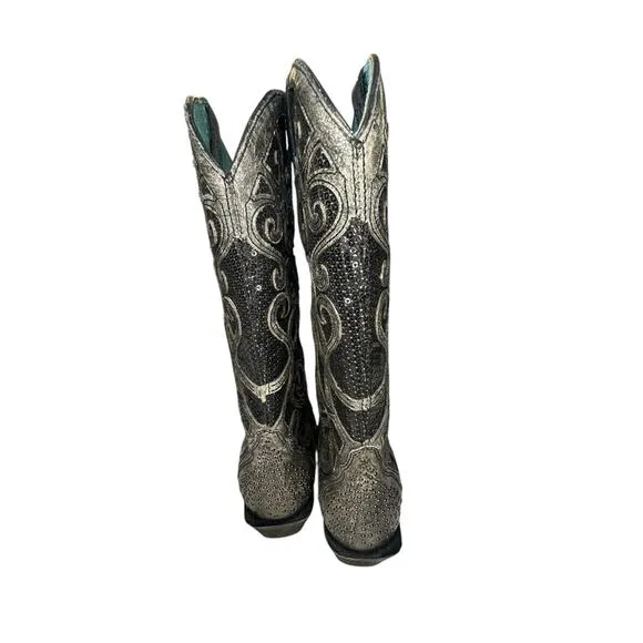 Corral Women's Western Cowgirl Boots Sz 6.5 Grey Floral Overlay Crystals Cowboy