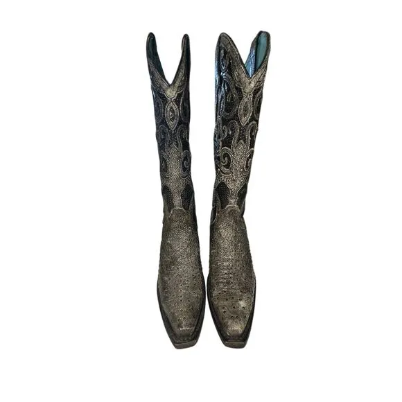 Corral Women's Western Cowgirl Boots Sz 6.5 Grey Floral Overlay Crystals Cowboy