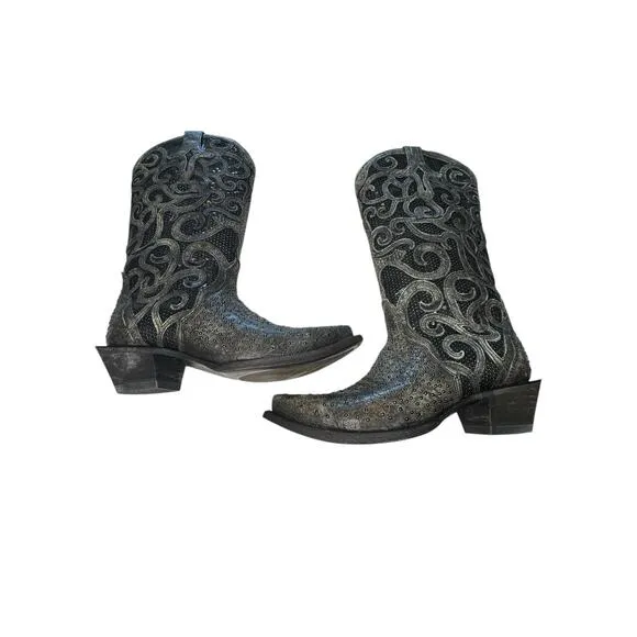 Corral Women's Western Cowgirl Boots Sz 6.5 Grey Floral Overlay Crystals Cowboy