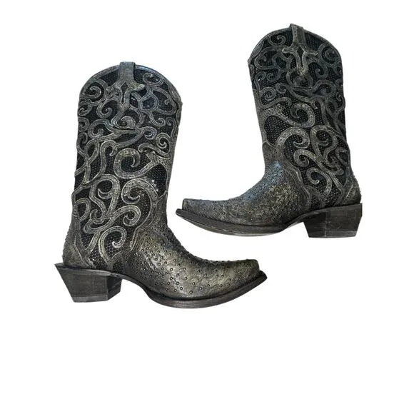 Corral Women's Western Cowgirl Boots Sz 6.5 Grey Floral Overlay Crystals Cowboy