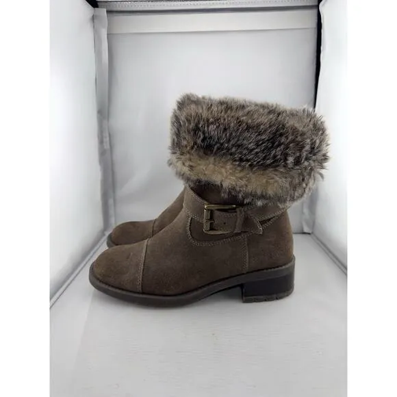 Cougar Winter Boots Women 7M Taupe Suede Faux Fur Fold-Over Buckle Heel Franca