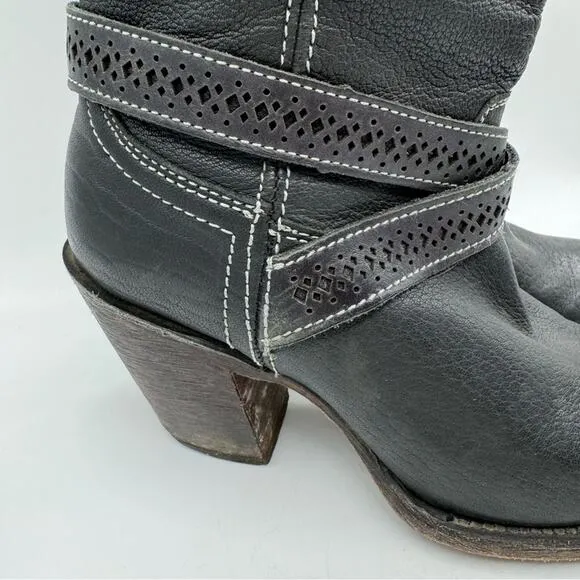 Cuadra Western Knee High Heeled Ankle Wrap Boots Black Women's Sz 6.5 Boho Moto