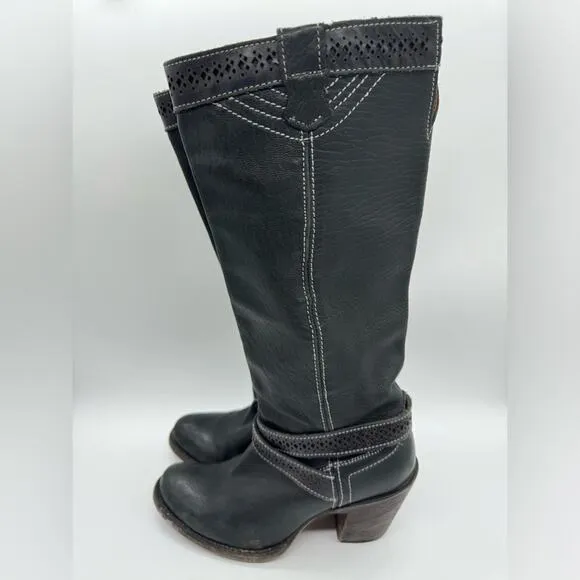 Cuadra Western Knee High Heeled Ankle Wrap Boots Black Women's Sz 6.5 Boho Moto
