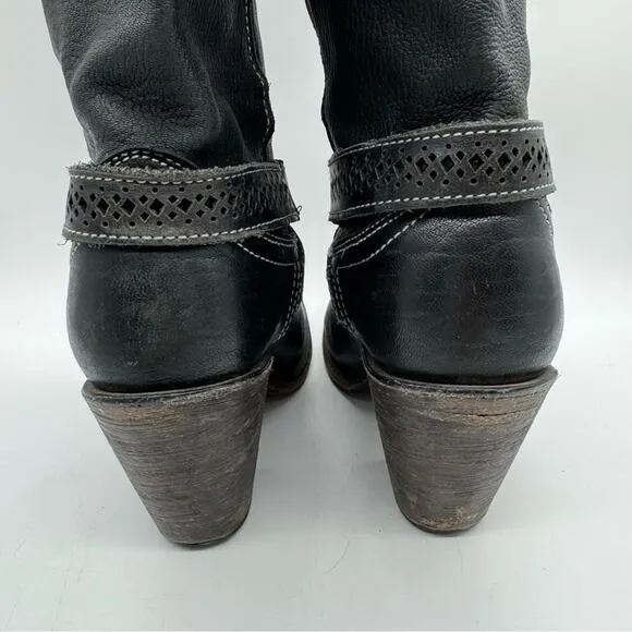 Cuadra Western Knee High Heeled Ankle Wrap Boots Black Women's Sz 6.5 Boho Moto