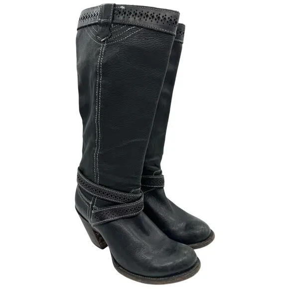 Cuadra Western Knee High Heeled Ankle Wrap Boots Black Women's Sz 6.5 Boho Moto