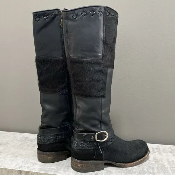 Cuadra Tall Black Leather Cowhide Western Cowboy Moto Boots Size 6