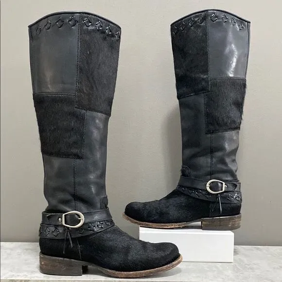 Cuadra Tall Black Leather Cowhide Western Cowboy Moto Boots Size 6