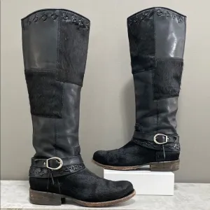 Cuadra Tall Black Leather Cowhide Western Cowboy Moto Boots Size 6