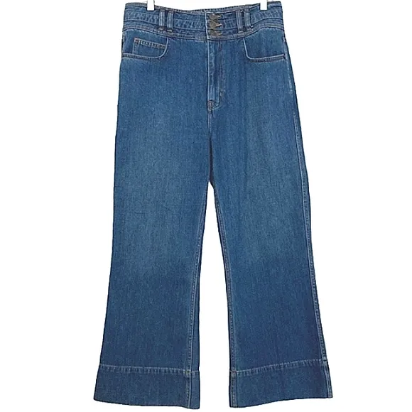CURRENT/ELLIOTT Pinball Crop Maritime High-Waisted Button Flared Jeans EUC