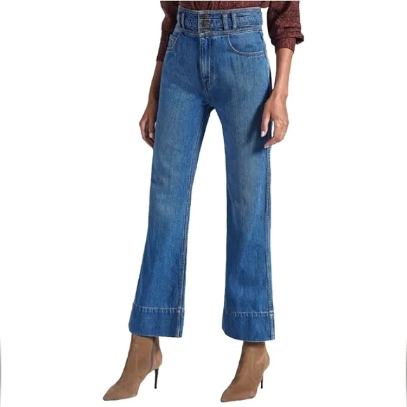 CURRENT/ELLIOTT Pinball Crop Maritime High-Waisted Button Flared Jeans EUC