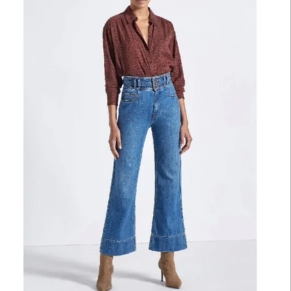 CURRENT/ELLIOTT Pinball Crop Maritime High-Waisted Button Flared Jeans EUC