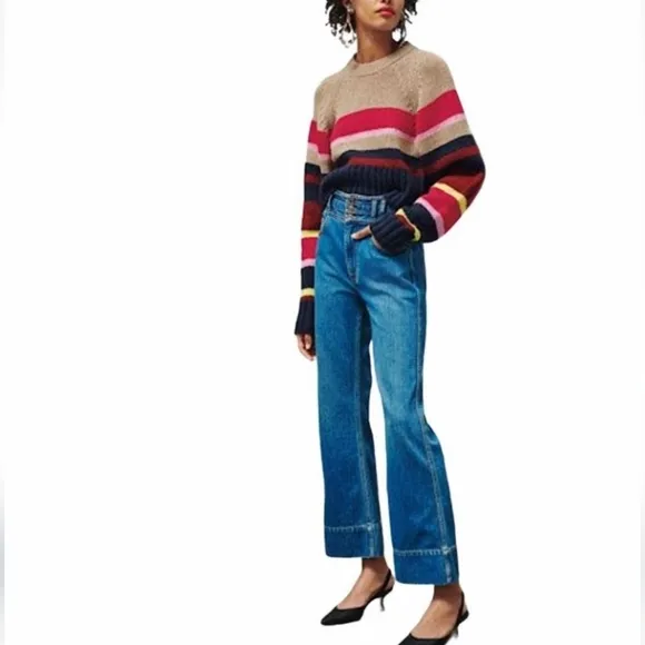 CURRENT/ELLIOTT Pinball Crop Maritime High-Waisted Button Flared Jeans EUC