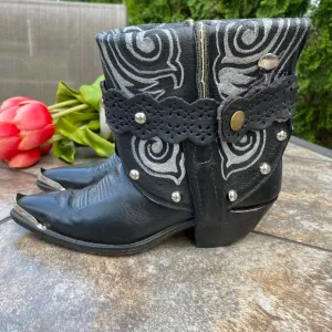 Dan Post Black Sliver Leather Upcycled Boho Western Short Boots Sz 6 Bootie