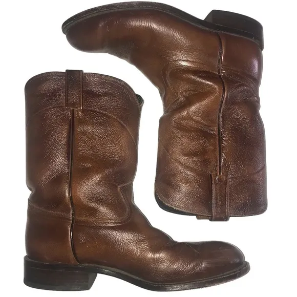 Dan Post Roper Leather Cowboy Western Boots Brown Pull On Style #6587 Mens 9