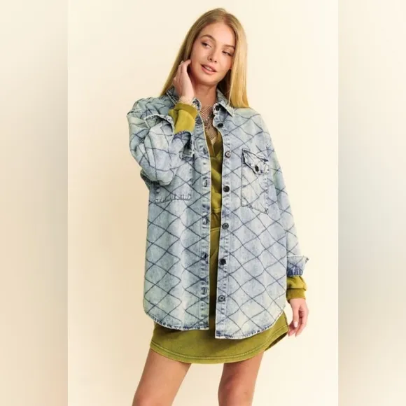 DAVI &amp; DANI Denim Shacket Diamond Quilted High Low Oversized Jean Shirt Jacket
