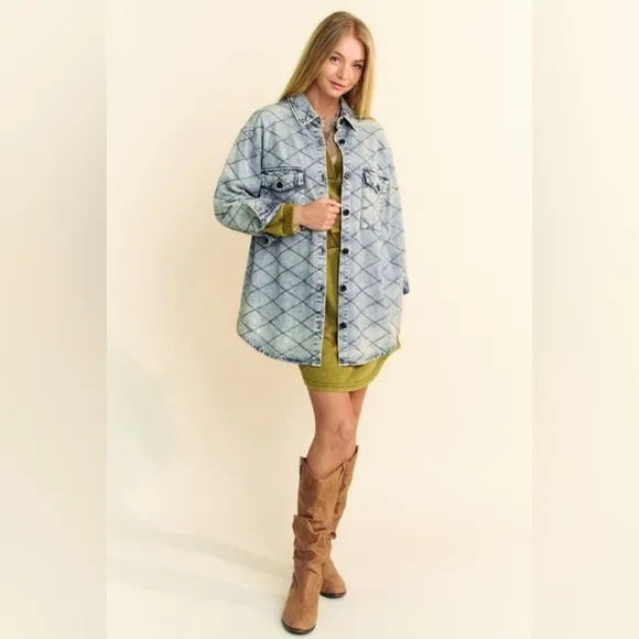 DAVI &amp; DANI Denim Shacket Diamond Quilted High Low Oversized Jean Shirt Jacket