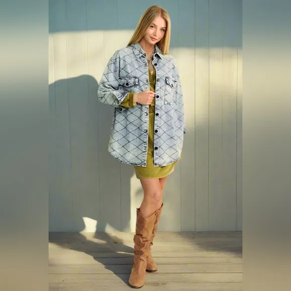 DAVI &amp; DANI Denim Shacket Diamond Quilted High Low Oversized Jean Shirt Jacket