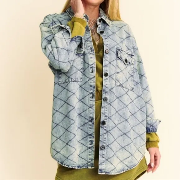 DAVI &amp; DANI Denim Shacket Diamond Quilted High Low Oversized Jean Shirt Jacket