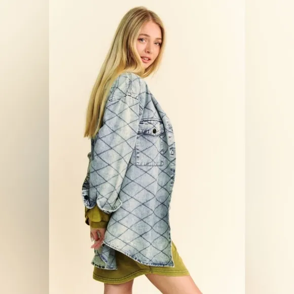 DAVI &amp; DANI Denim Shacket Diamond Quilted High Low Oversized Jean Shirt Jacket