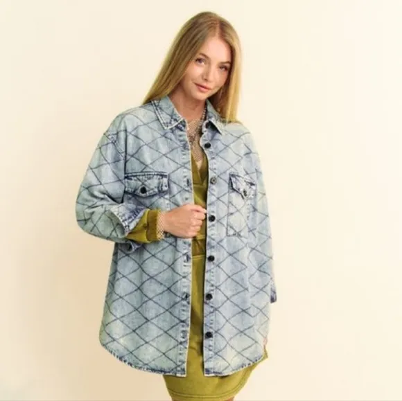 DAVI &amp; DANI Denim Shacket Diamond Quilted High Low Oversized Jean Shirt Jacket