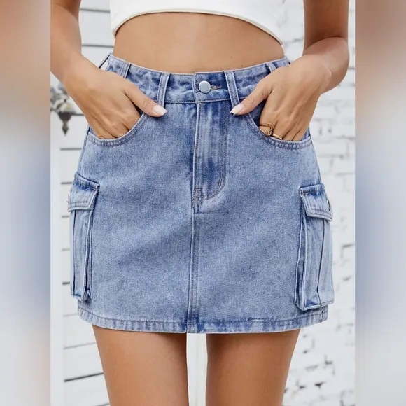 Denim Blue Jean Skirt Mini 90s Retro Button Cargo Side Pocket High-Rise Waist