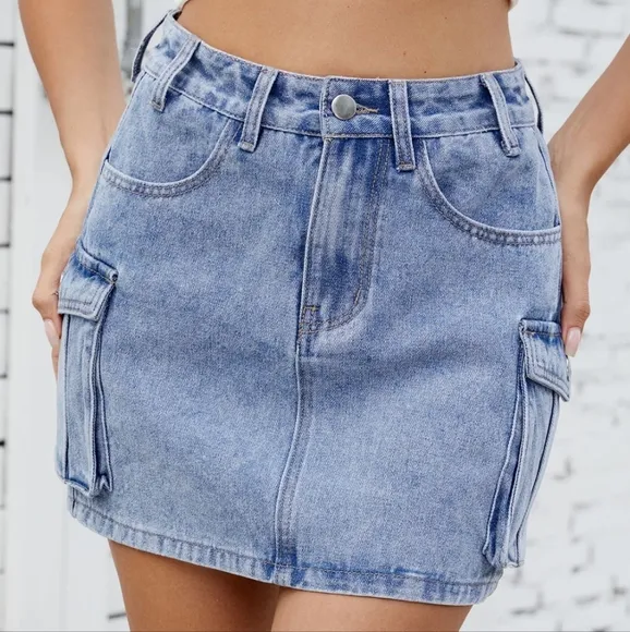 Denim Blue Jean Skirt Mini 90s Retro Button Cargo Side Pocket High-Rise Waist