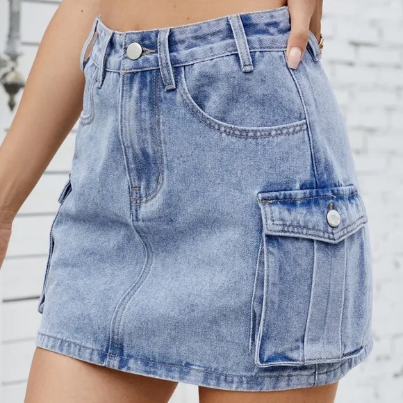 Denim Blue Jean Skirt Mini 90s Retro Button Cargo Side Pocket High-Rise Waist
