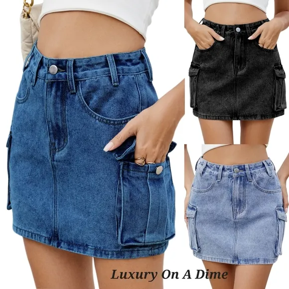 Denim Blue Jean Skirt Mini 90s Retro Button Cargo Side Pocket High-Rise Waist