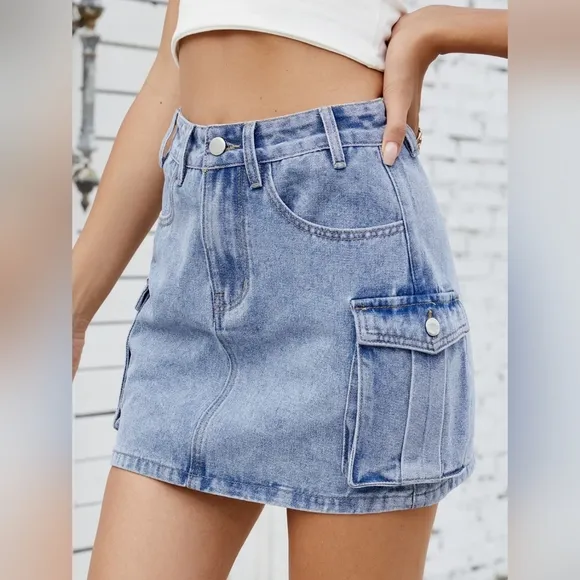 Denim Blue Jean Skirt Mini 90s Retro Button Cargo Side Pocket High-Rise Waist