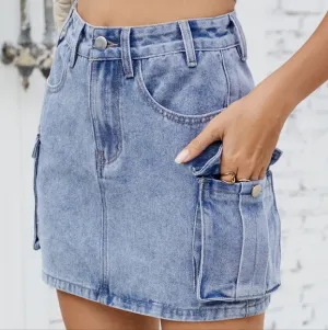 Denim Blue Jean Skirt Mini 90s Retro Button Cargo Side Pocket High-Rise Waist