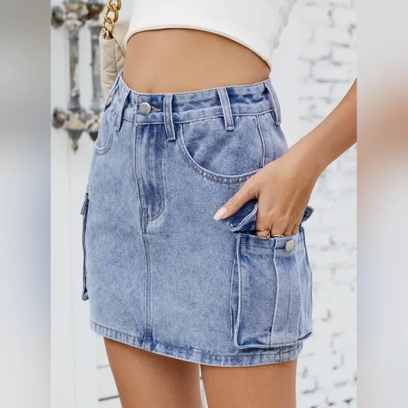 Denim Blue Jean Skirt Mini 90s Retro Button Cargo Side Pocket High-Rise Waist