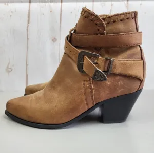 Dingo Western Boho 90's Leather Buckle Ankle Cowgirl Heeled Booties Brown 7M