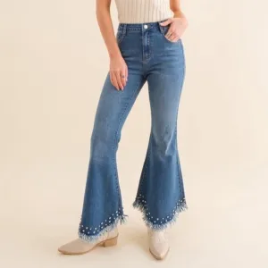 Distressed Fringe Bottom Edge Rhinestone Detailed Denim Jeans