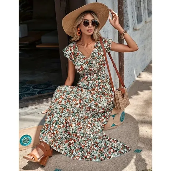 Ditsy Floral Ruffle Trim V Neck Smocked Waist Boho Maxi Dress M L XL Nwt