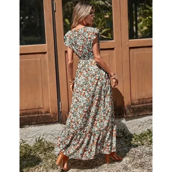 Ditsy Floral Ruffle Trim V Neck Smocked Waist Boho Maxi Dress M L XL Nwt